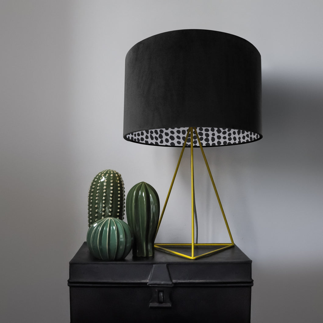 Jet black velvet with monochrome dot lampshade