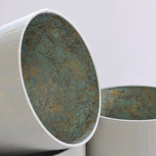 Load image into Gallery viewer, Silver-grey dupion silk with Cole &amp; Son &quot;Salvage&quot; wallpaper