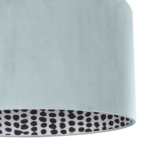 Duck egg blue velvet with monochrome dot lampshade