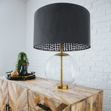 Smokey grey velvet with monochrome dot lampshade