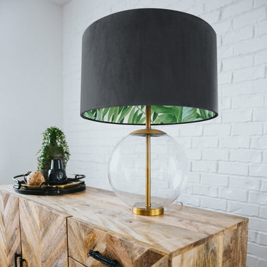 Smokey grey velvet with green leaf lampshade