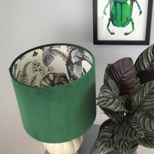 Load image into Gallery viewer, Forest green velvet and exotic leaf wallpaper lampshade