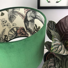 Load image into Gallery viewer, Forest green velvet and exotic leaf wallpaper lampshade