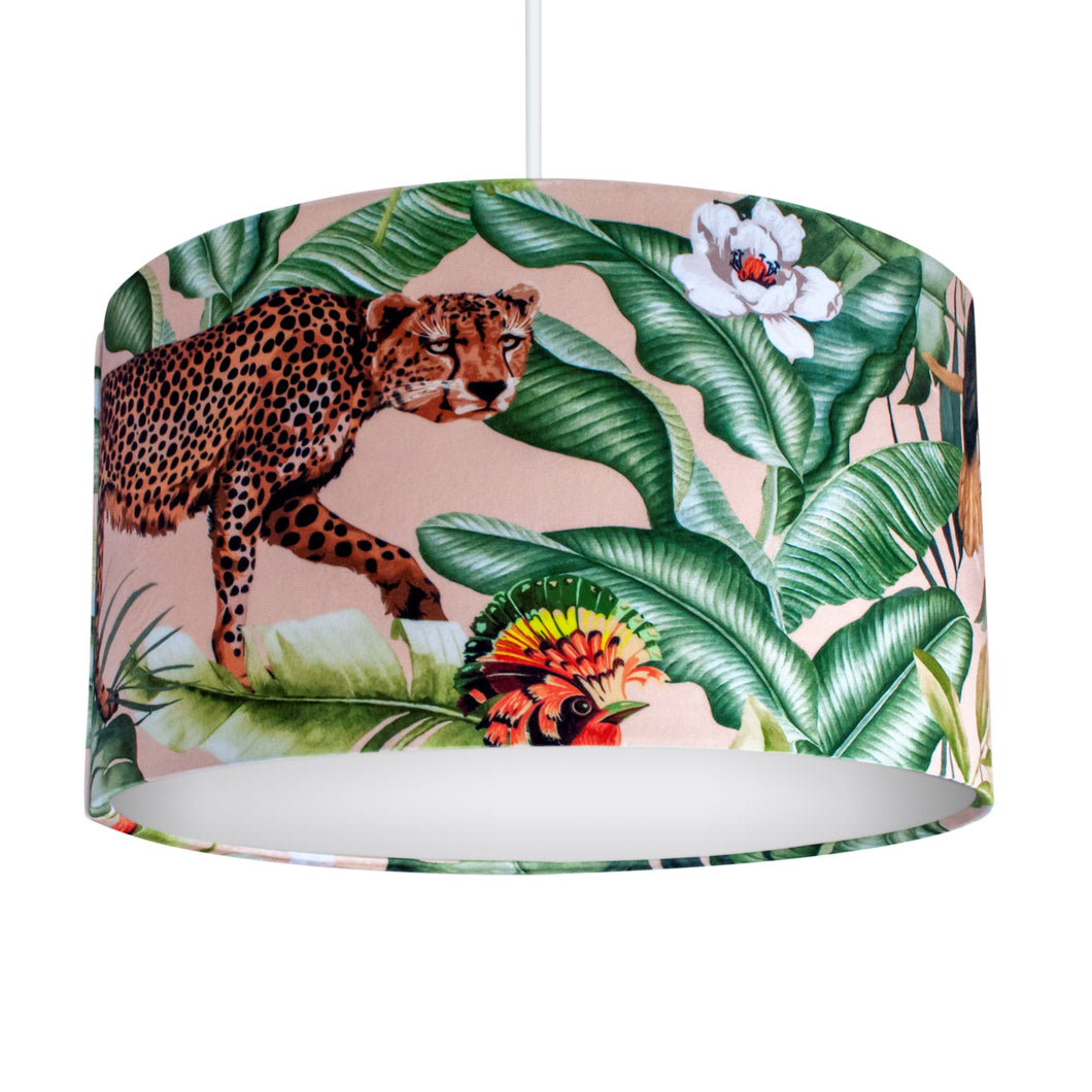 Jungle Velvet blush lampshade with white opaque liner