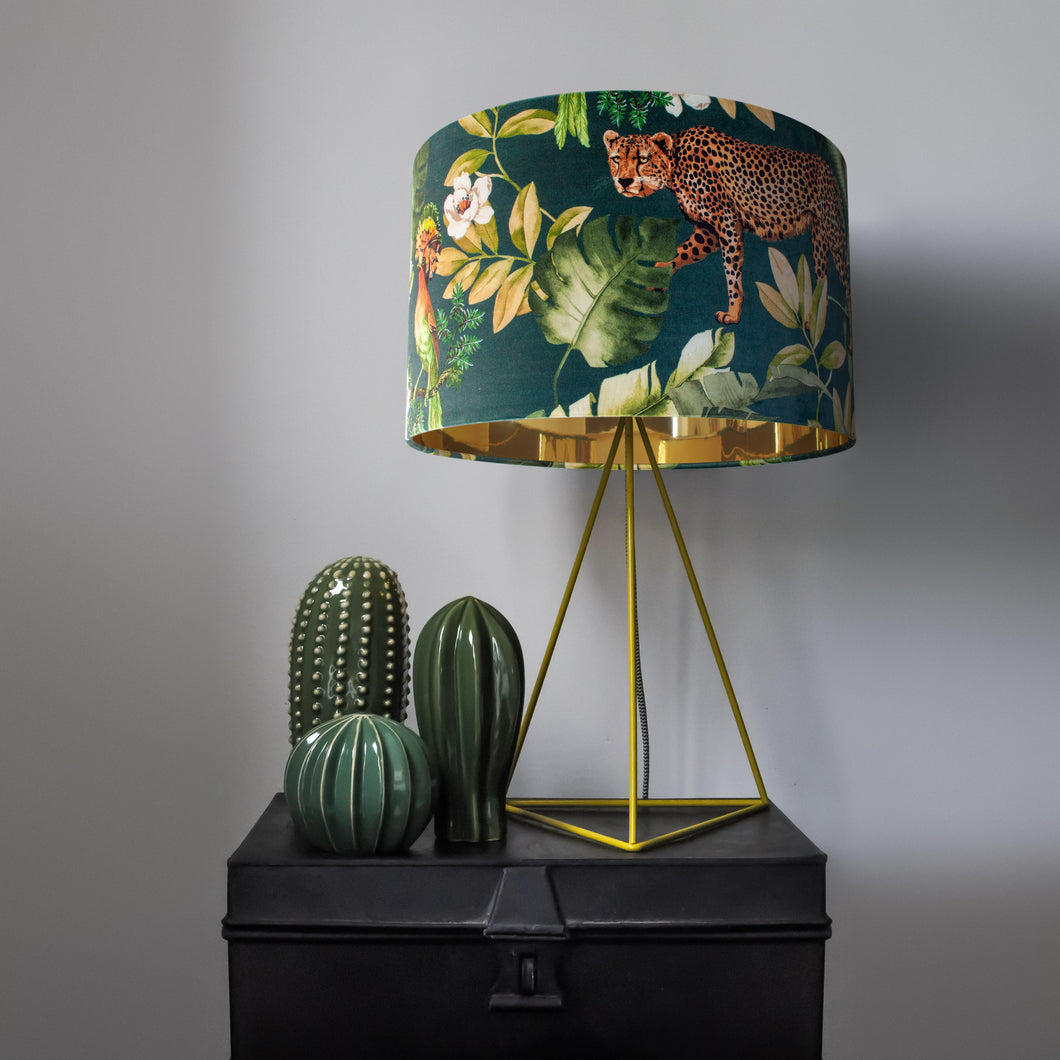 Jungle Velvet teal lampshade with mirror gold liner