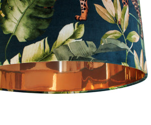 Jungle Velvet teal lampshade with mirror copper liner