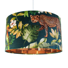 Load image into Gallery viewer, Jungle Velvet teal lampshade with mirror copper liner