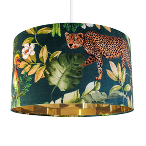 Jungle Velvet teal lampshade with mirror gold liner