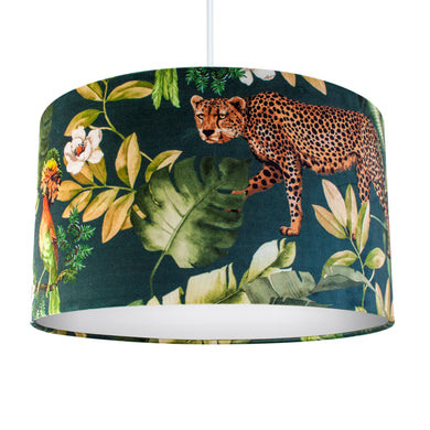 Jungle Velvet teal lampshade with white opaque liner